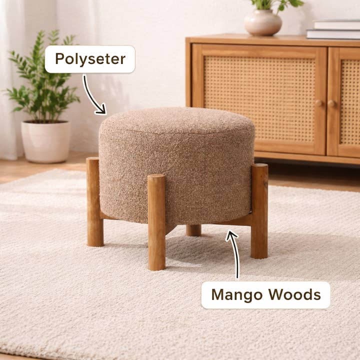 Brown Boucle Round Stool with Wooden Legs 40 cm